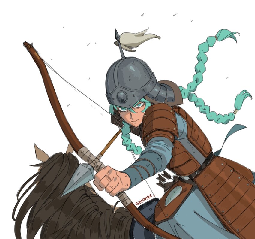 1girl aiming aiming_at_viewer alternate_costume ancient_mongolian_armor aqua_eyes aqua_hair artist_name bow_(weapon) bow_and_arrow_hold braid closed_mouth commentary english_commentary floating_hair genniax hatsune_miku helmet highres horse looking_at_viewer low_twin_braids quiver sketch solo twin_braids vocaloid weapon white_background worldwide_miku