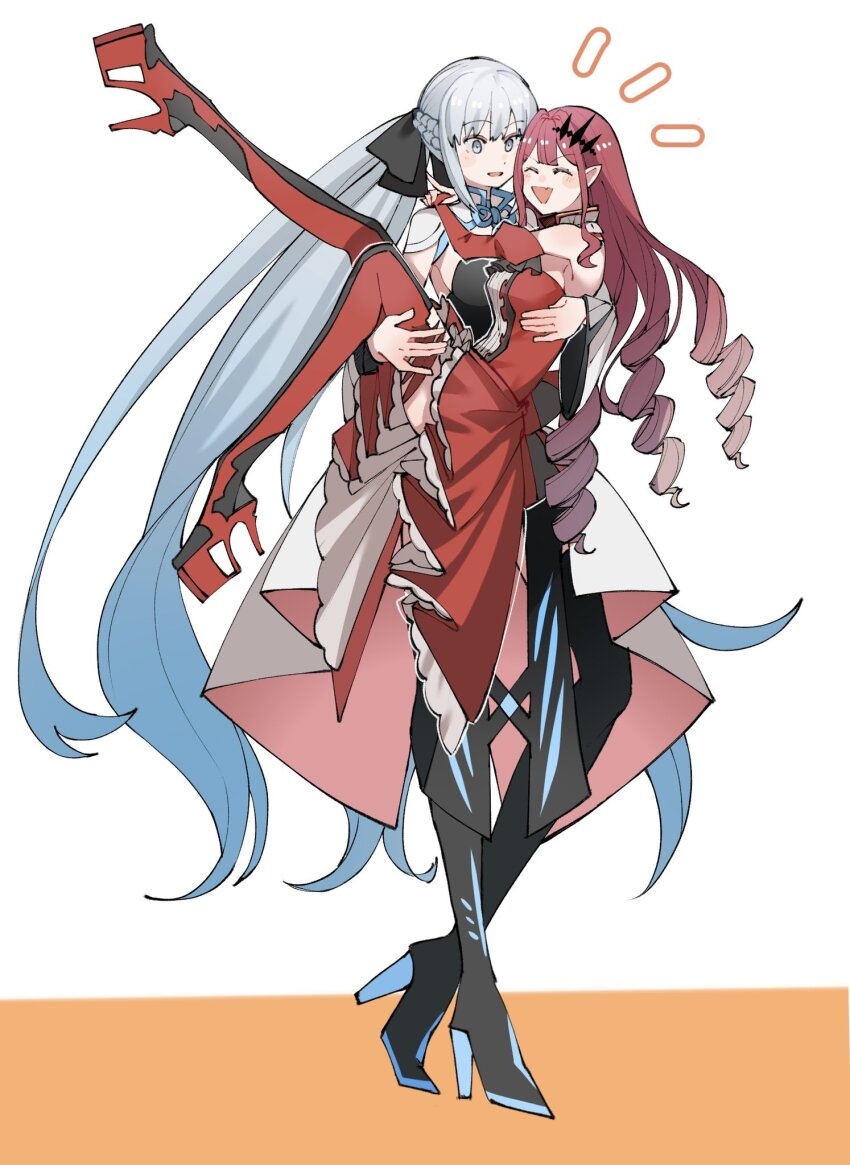 2girls baobhan_sith_(fate) baobhan_sith_(first_ascension)_(fate) black_bow black_thighhighs blush bow braid carrying euhage73 fate/grand_order fate_(series) full_body hair_between_eyes hair_bow half_up_braid high_heels highres long_hair long_sleeves morgan_le_fay_(fate) morgan_le_fay_(first_ascension)_(fate) mother_and_daughter multiple_girls open_mouth pink_hair pointy_ears ponytail simple_background smile thighhighs very_long_hair white_background wide_sleeves