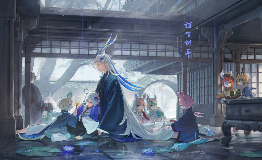 2boys 6+girls ^_^ absurdly_long_hair absurdres aeval_(genshin_impact) ahoge aji_11300913 aqua_bow aqua_bowtie architecture asymmetrical_hair basket black_hair black_headwear black_kimono blathine_(genshin_impact) blue_coat blue_hair blunt_bangs bow bowtie brown_hair brushing_another&#039;s_hair brushing_hair closed_eyes closed_mouth coat comb commentary_request crossed_bangs cup dragon_boy dragon_horns dragon_tail east_asian_architecture elphane_(genshin_impact) flower food frilled_kimono frills fruit furina_(genshin_impact) genshin_impact green_eyes hair_between_eyes hair_flower hair_ornament hand_up haori hat highres holding holding_basket holding_comb holding_pinwheel holding_tray horns japanese_clothes kanzashi kimono lattice liath_(genshin_impact) light_brown_hair lily_pad long_hair long_sleeves looking_down low_twintails medium_hair melusine_(genshin_impact) multicolored_hair multiple_boys multiple_girls neuvillette_(genshin_impact) orange_(fruit) parted_bangs pink_eyes pinwheel pom_pom_(clothes) pom_pom_hair_ornament purple_eyes purple_scarf rain red_hair rhemia_(genshin_impact) scarf sedene_(genshin_impact) short_hair short_twintails sigewinne_(genshin_impact) sitting sleeves_past_wrists smile streaked_hair swept_bangs table tail translation_request tray tree twintails very_long_hair wariza water water_lily_flower white_hair white_kimono wide_sleeves wings wriothesley_(genshin_impact) yellow_flower yunomi