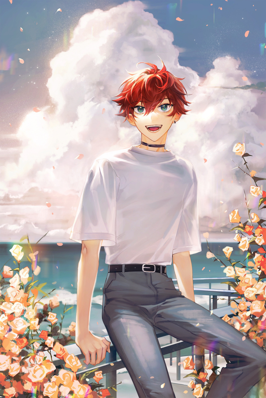 1boy :d amagi_hiiro belt belt_buckle black_belt black_choker blue_eyes buckle choker cloud cloudy_sky day ensemble_stars! flower grey_pants hair_between_eyes highres looking_at_viewer male_focus ocean open_mouth outdoors pants petals railing red_hair rose ru_(famia) shirt short_hair short_sleeves sitting sky smile solo teeth upper_teeth_only white_shirt yellow_flower