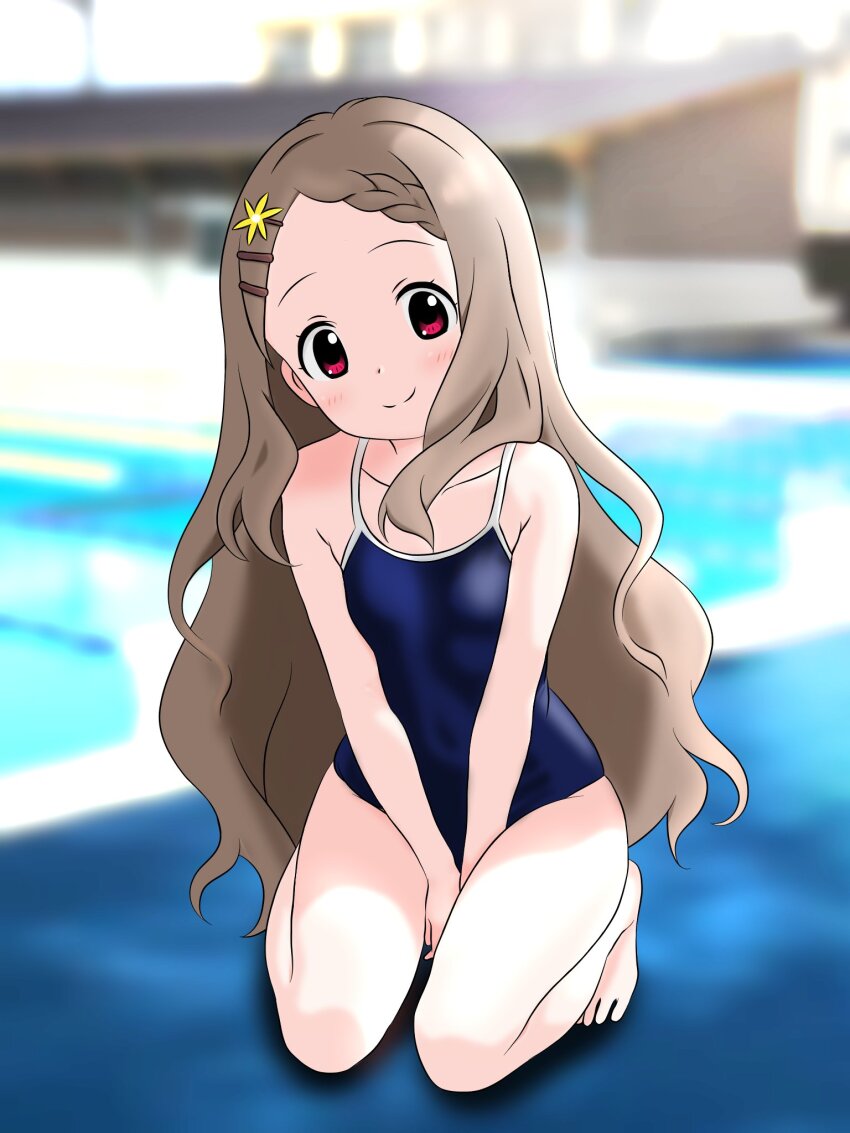 1girl aoba_kokona bare_shoulders barefoot blush braid braided_bangs breasts brown_hair closed_mouth dot_nose feet female_focus hair_ornament hairclip head_tilt highres legs long_hair looking_at_viewer nekonopapa one-piece_swimsuit red_eyes small_breasts smile solo swimsuit yama_no_susume