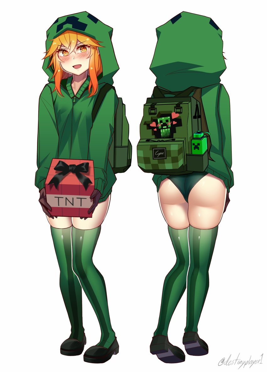 1girl absurdres ass backpack bag black_footwear black_gloves blush borrowed_character creeparka creeper cupa_(at2.) destinyplayer1 explosive gloves green_hoodie green_panties green_thighhighs highres hood hood_up hoodie long_sleeves looking_at_viewer minecraft mob_talker multiple_views open_mouth orange_eyes orange_hair panties personification smile thighhighs tnt tnt_block_(minecraft) underwear