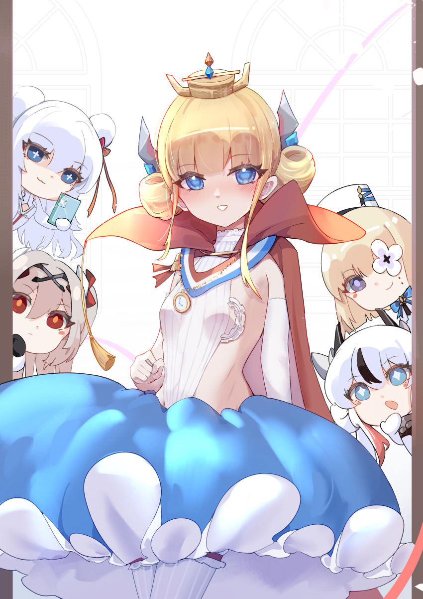 +_+ 5girls absurdres azur_lane blonde_hair blue_eyes blue_skirt blush bubble_skirt cellphone chibi cross-shaped_pupils dhy-232 double_bun elbow_gloves gloves hair_bun hat highres holding holding_phone l&#039;audacieux_(azur_lane) l&#039;indomptable_(azur_lane) le_malin_(azur_lane) le_terrible_(azur_lane) le_triomphant_(azur_lane) light_brown_hair looking_at_viewer multiple_girls parted_lips phone purple_eyes red_eyes skirt smartphone smile star-shaped_pupils star_(symbol) symbol-shaped_pupils triangle_mouth white_gloves white_hat