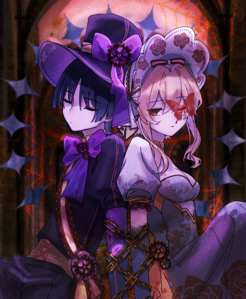 1boy 1girl alternate_costume aqua_gemstone arm_at_side artist_name back-to-back black_hair black_shirt black_shorts blonde_hair blunt_ends bonnet bound bound_arms bow bowtie breasts brown_eyes bug butterfly butterfly_on_face chain choppy_bangs cleavage closed_eyes closed_mouth dress elbow_gloves eyelashes eyeliner eyeshadow facing_to_the_side floral_print gears gem genshin_impact gloves gold_chain gold_trim grey_gloves half-closed_eyes hat hat_bow highres huiyue1016 insect lace-trimmed_bow lace_trim large_bow looking_at_another lumine_(genshin_impact) makeup medium_breasts one_eye_closed puffy_sleeves purple_bow purple_bowtie purple_hat purple_sleeves red_bow red_butterfly red_eyeliner red_eyeshadow red_trim scaramouche_(genshin_impact) shirt short_hair short_hair_with_long_locks short_sleeves shorts sidelocks silk sitting spider_web top_hat white_dress white_hat white_trim