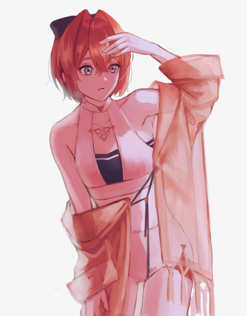 1girl absurdres alternate_costume ange_katrina arm_up armpit_peek armpits bare_shoulders black_bow blue_eyes bow breasts collarbone commentary_request cowboy_shot crossed_bangs hair_between_eyes hair_bow hair_intakes hand_on_own_thigh highres jacket jacket_partially_removed nijisanji one-piece_swimsuit parted_lips red_hair see-through_clothes see-through_jacket shading_eyes short_hair simple_background small_breasts solo swimsuit usasuzu virtual_youtuber white_background white_one-piece_swimsuit