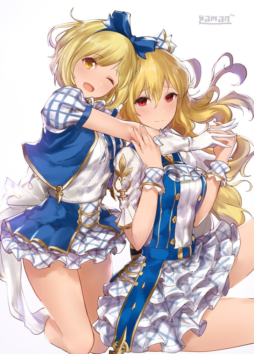 10s 2girls ;d artist_name behind_another belt blonde_hair blush bob_cut breasts djeeta_(granblue_fantasy) gloves granblue_fantasy hair_between_eyes hair_ribbon hands_up highres holding_hands idol interlocked_fingers kimi_to_boku_no_mirai kneeling layered_skirt light_smile long_hair looking_at_viewer medium_breasts multiple_girls one_eye_closed open_mouth red_eyes ribbon shirt short_hair short_sleeves simple_background sitting skirt smile superstar_(granblue_fantasy) superstar_ex_(granblue_fantasy) thighs vira_(granblue_fantasy) wavy_hair white_background white_gloves white_shirt white_skirt wrist_cuffs yaman_(yamanta_lov) yellow_eyes