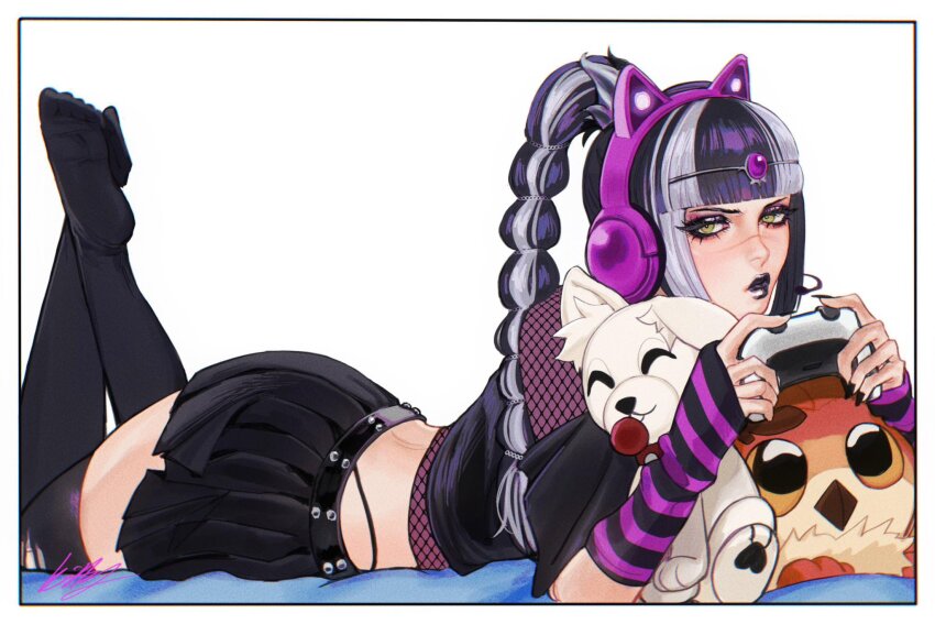 1girl baldur&#039;s_gate baldur&#039;s_gate_3 black_hair dungeons_&amp;_dragons dungeons_&amp;_dragons elf green_eyes headphones highres kitty_keihara looking_at_viewer multi-tied_hair pointy_ears scar scar_on_face shadowheart_(baldur&#039;s_gate) skirt solo toy