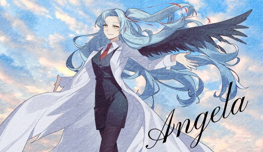 1girl :d angela_(project_moon) black_leggings black_skirt black_vest black_wings blue_hair blue_sky calligraphy cloud cloudy_sky coat collared_shirt cowboy_shot curtained_hair english_text feathered_wings hair_flowing_over hair_ribbon high_side_ponytail highres leggings lobotomy_corporation long_hair looking_at_viewer necktie open_clothes open_coat open_mouth outstretched_arms project_moon red_necktie ribbon shirt single_wing skirt sky smile solo very_long_hair vest white_coat white_shirt wings yellow_eyes zukichou