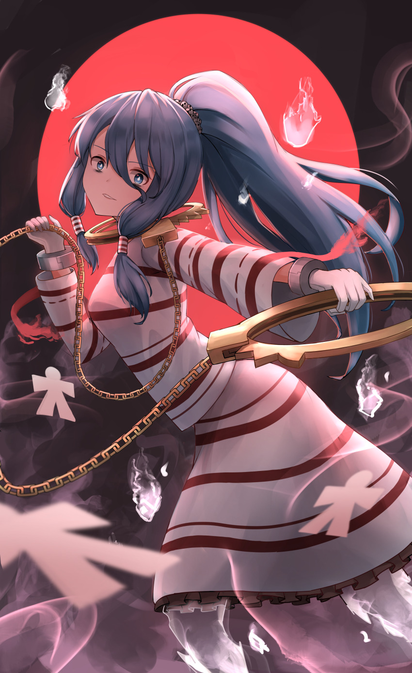 1girl absurdres blue_eyes blue_hair chain commentary_request cuffs frilled_skirt frills ghost_tail gloves hair_tubes highres hitodama holding kuneamorai long_hair long_sleeves miyadeguchi_mizuchi paper_cutout paper_doll ponytail prison_clothes purple_stripes shackles shirt skirt skirt_set solo striped_clothes striped_shirt striped_skirt touhou white_gloves white_shirt white_skirt