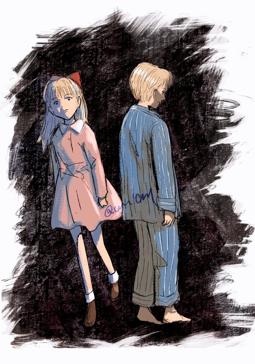 anna_liebert barefoot blonde_hair blue_pajamas bow child dress hair_bow highres johan_liebert looking_to_the_side monster_(manga) oic831 pajamas red_bow