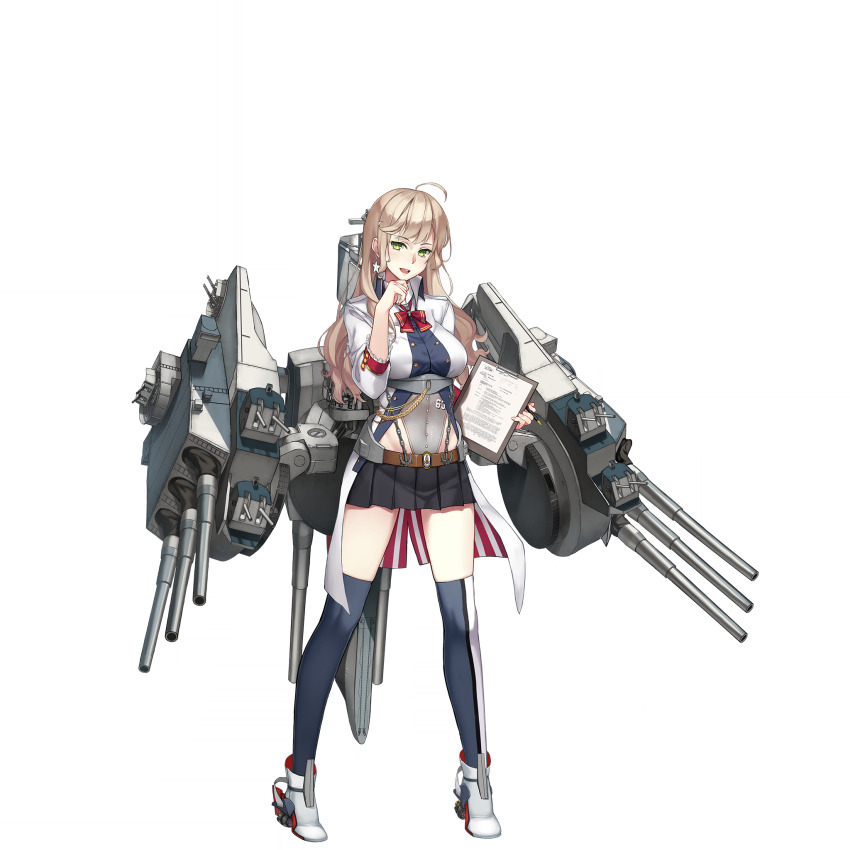 1girl :d ahoge aiguillette anchor asymmetrical_legwear belt black_skirt blonde_hair blue_thighhighs bow breasts buttons cannon chain clipboard covered_navel double-breasted earrings emblem frilled_cuffs full_body green_eyes hand_on_own_chin high_collar highres holding holding_pen jacket jewelry large_breasts legs_apart long_hair looking_at_viewer machinery military_jacket miniskirt mismatched_legwear missouri_(warship_girls_r) nib_pen_(object) official_art open_clothes open_jacket open_mouth paper pen pleated_skirt red_bow rigging ship_turret shoes skirt smile solo standing star_(symbol) star_earrings teeth thighhighs transparent_background warship_girls_r white_jacket white_shoes zi_se