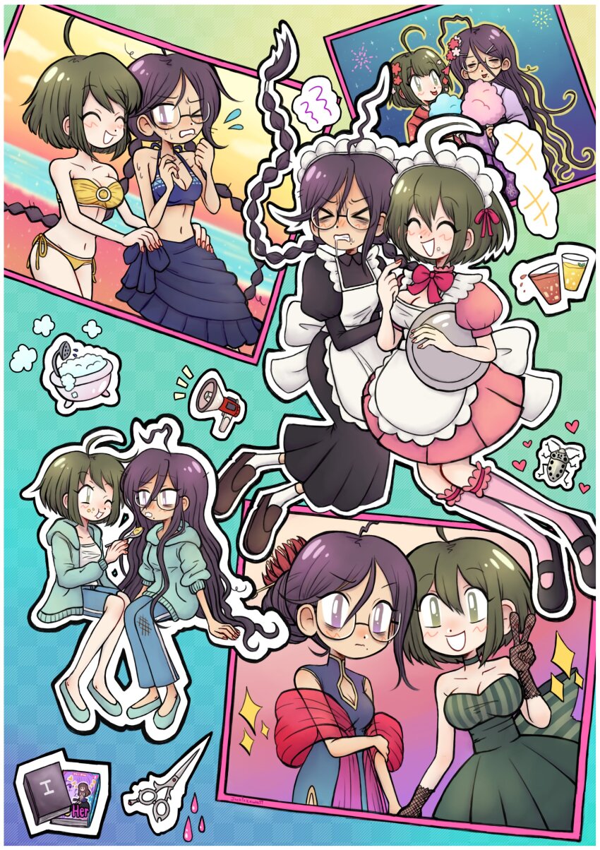 &gt;_&lt; &gt;_o +++ 2girls absurdres aerial_fireworks ahoge alternate_costume apron bare_shoulders bathtub bikini black_dress black_jacket black_outline black_shoes blood blood_drop blue_bikini blue_hoodie blue_pants blue_sarong blue_shoes blue_shorts blush book border bow braid breasts bright_pupils brown_shoes bug casual cleavage closed_eyes closed_mouth cloud commentary cotton_candy cup danganronpa_(series) danganronpa_10th_anniversary_costume danganronpa_another_episode:_ultra_despair_girls danganronpa_s:_ultimate_summer_camp dress drink eating english_commentary eyelashes fireworks fishnet_gloves fishnets flower flying_sweatdrops food fukawa_toko glasses gloves green_dress green_eyes green_hair hair_between_eyes hair_bun hair_flower hair_ornament hair_ribbon hairclip hand_on_own_arm hands_on_another&#039;s_hips heart highres holding holding_cotton_candy holding_food holding_plate holding_spoon hood hood_down hooded_jacket hoodie jacket jackie_kawaii japanese_clothes kameko_(danganronpa) kimono kneehighs long_sleeves maid maid_headdress megaphone mole mole_under_mouth multiple_girls multiple_views naegi_komaru nail_polish navel official_alternate_costume official_alternate_hairstyle one_eye_closed open_clothes open_jacket open_mouth orange_sky outdoors outline pants pink_blood pink_bow pink_dress pink_nails pink_ribbon pink_socks plate purple_hair purple_kimono red_kimono ribbon round_eyewear saliva sarong scissors shirt shoes short_hair short_sleeves shorts shower_head sky sleeveless sleeveless_dress smile soap_bubbles socks sparkle spoon stinkbug stomach sweat sweatdrop swimsuit tongue tongue_out twin_braids twintails v water white_apron white_border white_outline white_pupils white_shirt white_socks yellow_bikini yellow_outline