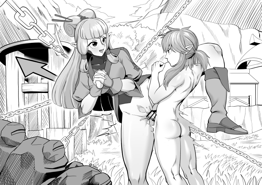 1boy 1girl absurdres bar_censor censored clothed_female_nude_male clothed_sex highres leg_grab legs_up link long_hair monochrome nintendo nude open_mouth partially_undressed paya_(zelda) pointy_ears ponytail sex size_difference smile tekkin_papa the_legend_of_zelda time_stop vaginal