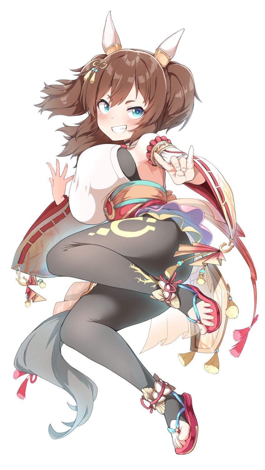 1girl absurdres animal_ears bare_shoulders black_pantyhose blue_eyes blush breasts brown_hair claw_pose commentary_request detached_sleeves ear_covers ear_ornament feet full_body grin hair_between_eyes hekahire_isurus highres horse_ears horse_girl horse_tail inari_one_(fields_of_gold)_(umamusume) inari_one_(umamusume) large_breasts long_hair long_sleeves obi pantyhose sandals sash shirt simple_background sleeveless sleeveless_shirt smile solo spread_toes tail toeless_legwear toes twintails umamusume white_background white_shirt wide_sleeves