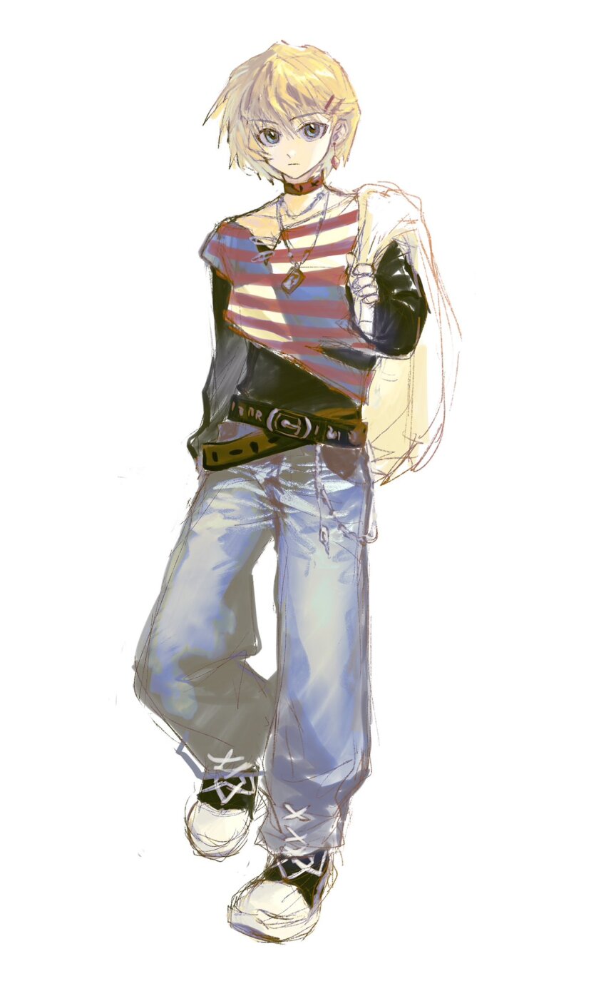 1boy alternate_costume androgynous belt black_belt black_shirt blonde_hair blue_eyes blue_pants brown_belt choker closed_mouth converse denim dot_nose full_body gelb grey_background hair_ornament hairclip highres holding holding_unworn_clothes hunter_x_hunter jacket jacket_over_shoulder jeans jewelry kurapika layered_sleeves long_sleeves looking_at_viewer male_focus multiple_belts necklace pants parallel_hairclips shirt shoelaces shoes short_over_long_sleeves short_sleeves simple_background sketch sneakers solo standing striped_clothes striped_shirt unworn_jacket