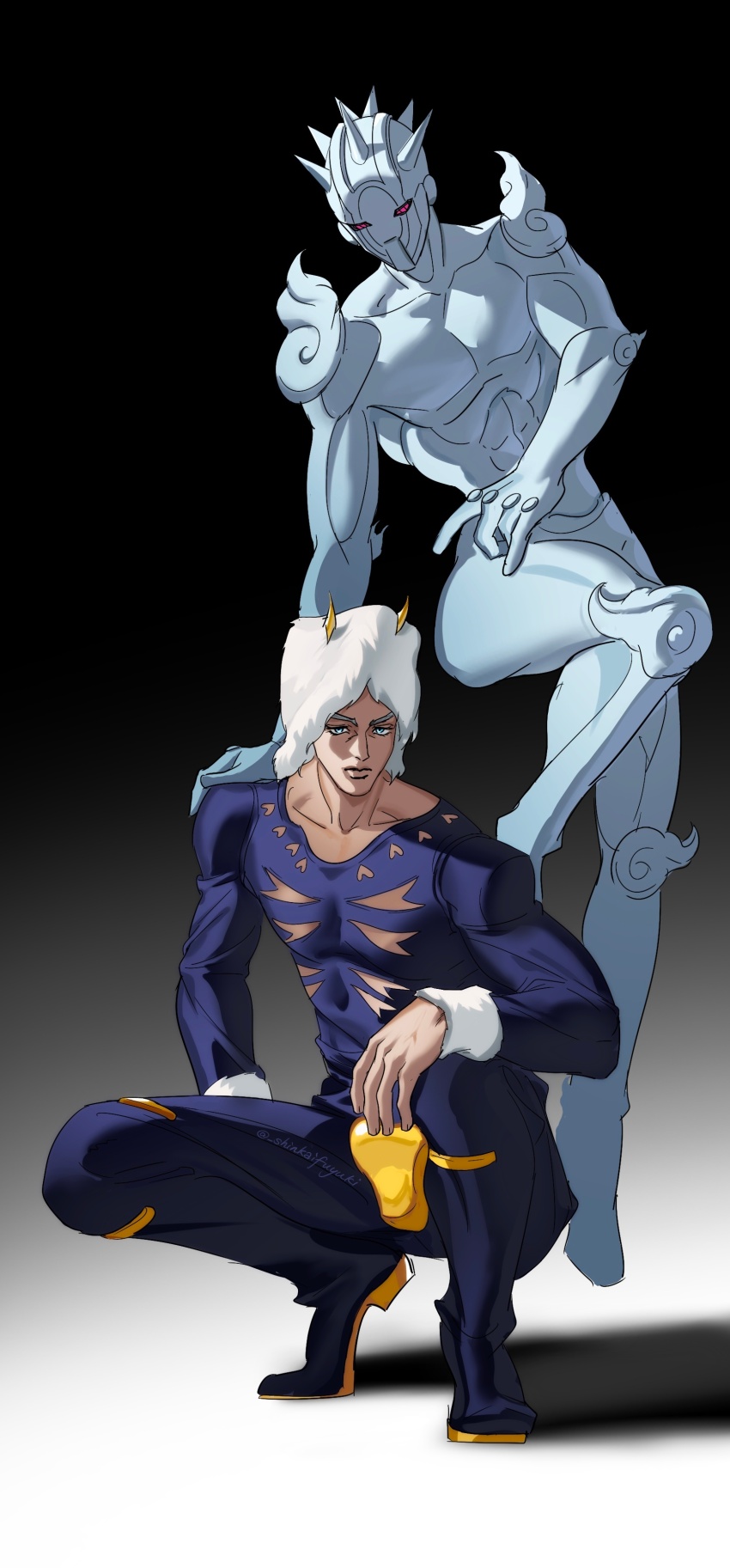 1boy 1other absurdres blue_eyes blue_pants blue_shirt clothing_cutout collarbone commentary_request expressionless fur_hat hat highres horned_hat jojo_no_kimyou_na_bouken male_focus pants shinkaifuyuki shirt signature squatting stand_(jojo) stone_ocean tiptoes weather_report weather_report_(stand) white_hat