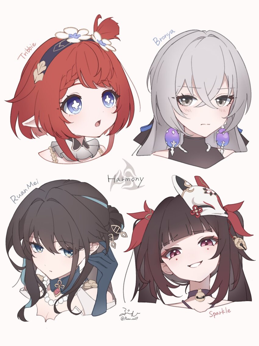 4girls :o adjusting_hair aqua_collar bell black_choker blue_eyes bronya_rand brown_hair choker clothing_cutout collar criss-cross_halter cross-shaped_pupils dna double_helix earrings fox_mask gloves green_collar green_gloves grey_eyes grey_hair half-closed_eyes halterneck head_tilt head_wreath highres honkai:_star_rail honkai_(series) jewelry looking_at_viewer mark_under_both_eyes mask mask_on_head multiple_girls neck_bell necklace open_mouth parted_lips pearl_necklace pointy_ears pumu_(pumu_co29) red_hair ruan_mei_(honkai:_star_rail) shoulder_cutout simple_background smirk sparkle_(honkai:_star_rail) symbol-shaped_pupils tribbie_(honkai:_star_rail) white_background