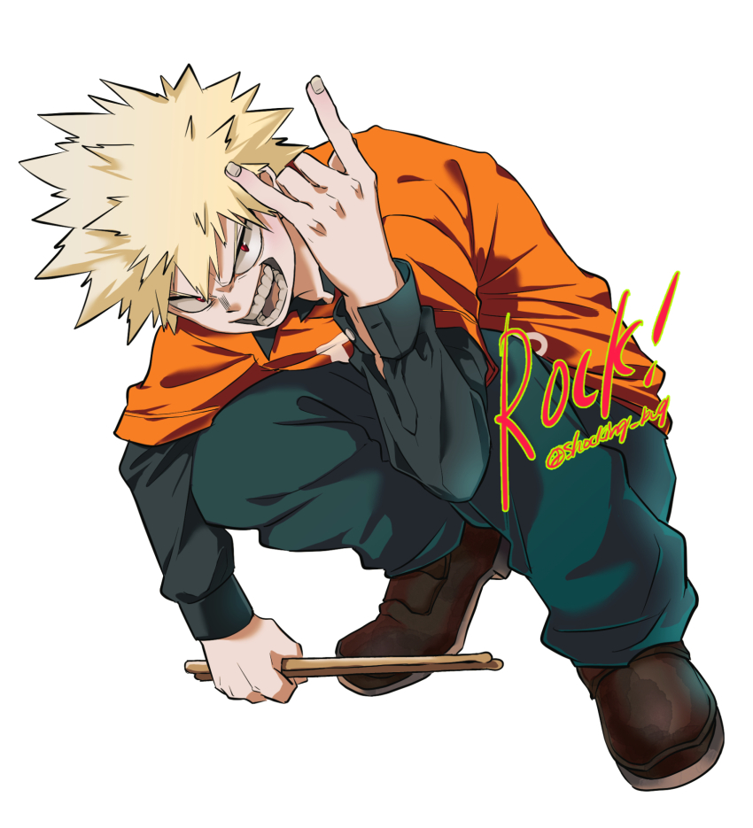 1boy \n/ arm_on_knee arm_rest bakugou_katsuki black_shirt black_undershirt blonde_hair boku_no_hero_academia brown_footwear collared_shirt drumsticks foreground_text full_body furrowed_brow green_pants hair_between_eyes hand_up highres holding holding_drumsticks leaning_forward leaning_to_the_side long_sleeves looking_at_viewer male_focus nikaidou_iroha open_cuffs pants red_eyes sanpaku shirt shoes short_hair simple_background smile spiked_hair squatting third-party_edit third-party_extraction twitter_username v-shaped_eyebrows white_background