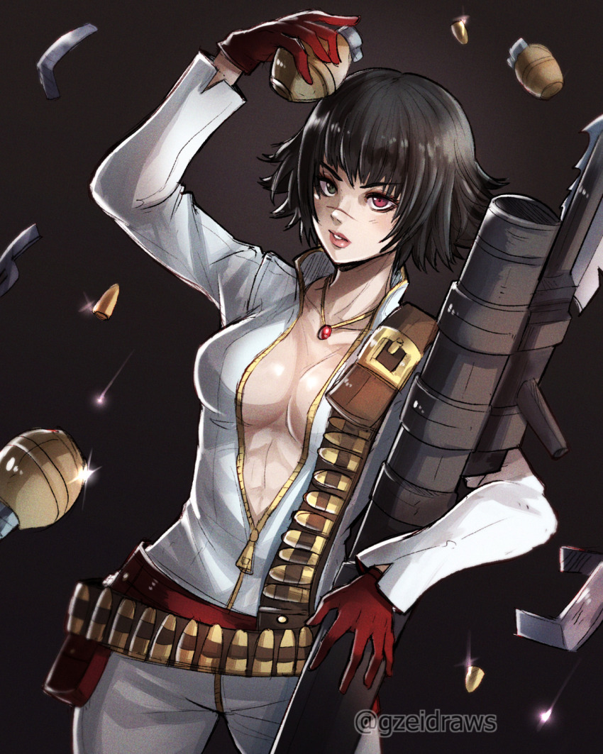 1girl artist_name biker_clothes bikesuit black_hair bodysuit breasts devil_may_cry devil_may_cry_(series) devil_may_cry_3 explosive gloves grenade gzei heterochromia highres holding holding_grenade kalina_ann_(weapon) lady_(devil_may_cry) no_bra red_gloves rocket_launcher scar scar_on_face scar_on_nose short_hair weapon zipper zipper_pull_tab