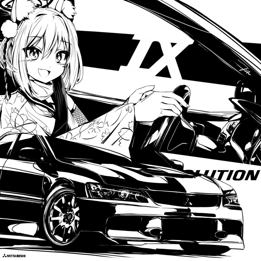 1girl animal_ears blue_archive car commentary driving english_commentary fox_ears fox_girl from_side greyscale hair_between_eyes hair_ornament highres izuna_(blue_archive) long_hair long_sleeves looking_at_viewer mitsubishi_lancer_evolution mitsubishi_motors monochrome motor_vehicle nougat_(no_9ada) open_mouth pom_pom_(clothes) pom_pom_hair_ornament signature smile solo steering_wheel upper_body wide_sleeves