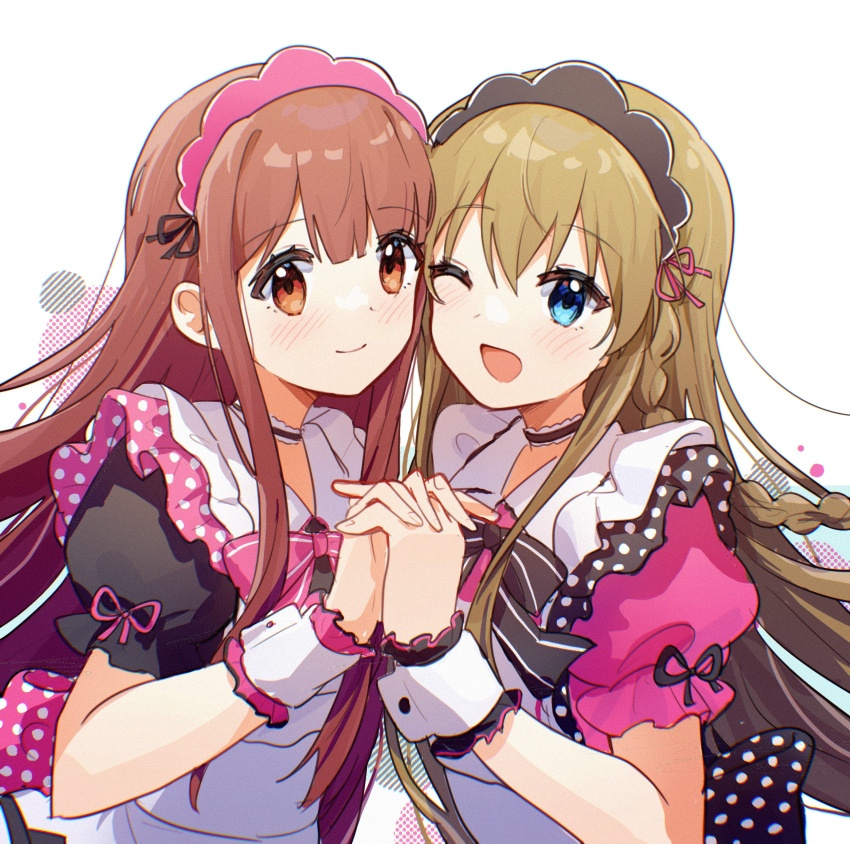 2girls absurdres blue_eyes blush braid brown_eyes brown_hair choker closed_mouth dress frilled_choker frills highres holding_hands idolmaster idolmaster_million_live! interlocked_fingers kousaka_umi long_hair looking_at_viewer maid maid_headdress multiple_girls nnnn one_eye_closed open_mouth puffy_short_sleeves puffy_sleeves short_sleeves simple_background smile tanaka_kotoha upper_body white_background white_wrist_cuffs wrist_cuffs