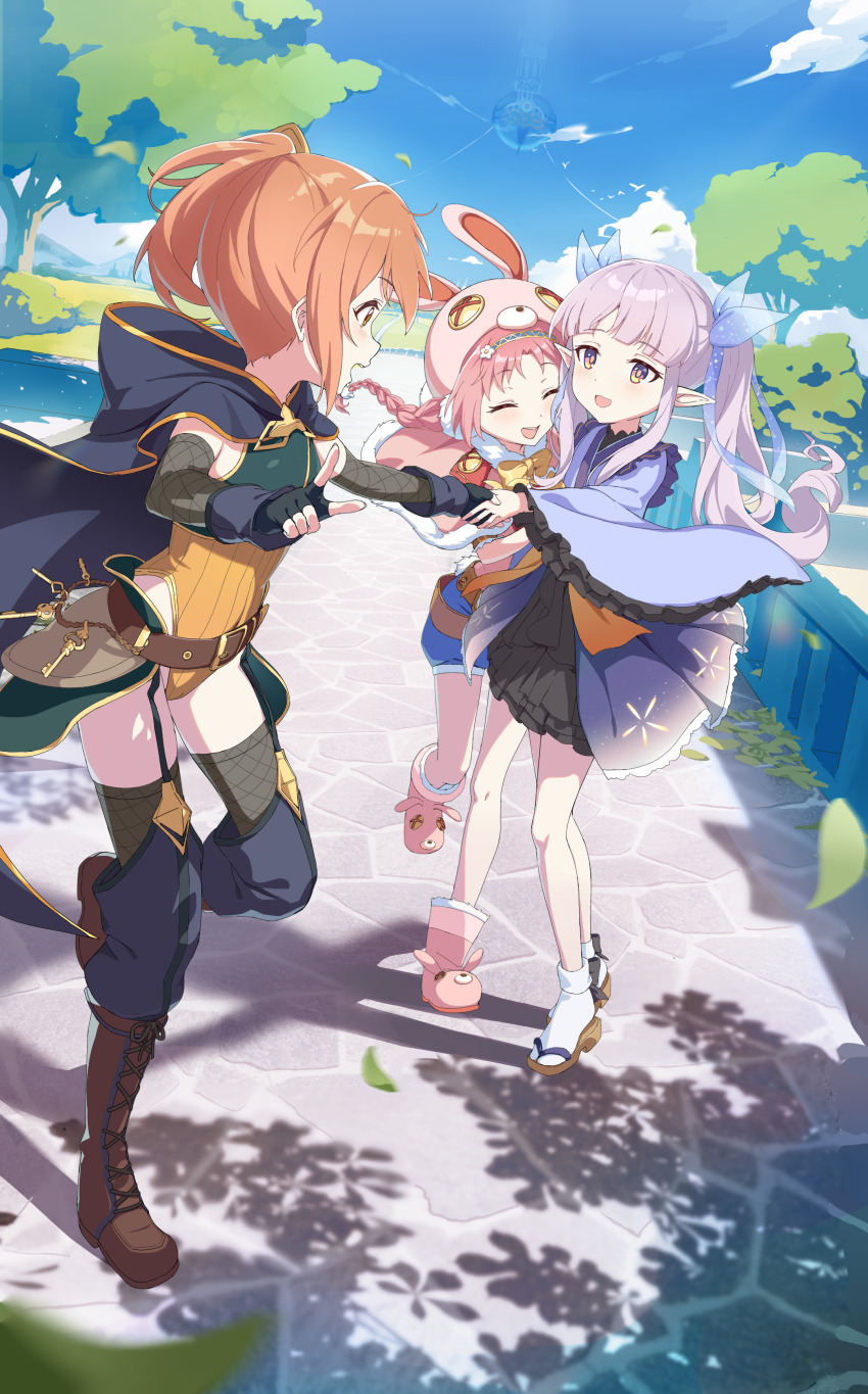 3girls absurdres animal_hat asymmetrical_footwear belt blue_shorts blue_sky boots braid brown_belt brown_boots cape closed_eyes elf fantasy fingerless_gloves fishnet_gloves fishnet_thighhighs fishnets frilled_sleeves frills full_body gloves hat highres hood hooded_cape kyoka_(princess_connect!) leaf leotard little_lyrical looking_at_another mimi_(princess_connect!) misogi_(princess_connect!) multiple_girls open_mouth orange_hair orange_leotard outdoors pink_hair pointing pointy_ears princess_connect! purple_hair rabbit_hat ribbed_leotard shorts side_ponytail sidelocks sky smile thighhighs tree twintails uneven_footwear wide_sleeves xubai