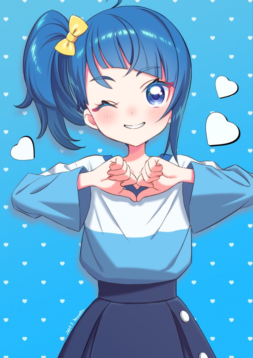 1girl blue_background blue_eyes blue_hair blue_shirt blue_skirt blue_theme bow bun_(jewd5385) casual cowboy_shot cut_bangs grin hair_bow heart heart_hands highres hirogaru_sky!_precure long_sleeves looking_at_viewer medium_hair one_eye_closed pleated_skirt pointing pointing_at_self precure shirt side_ponytail single_sidelock skirt smile solo sora_harewataru standing t-shirt two-tone_shirt white_shirt yellow_bow