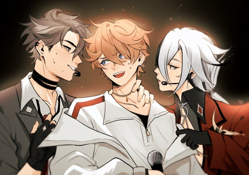 1girl 2boys arlecchino_(genshin_impact) bisexual_male black_background black_choker black_gloves black_hair black_jacket black_shirt blue_eyes choker collarbone collared_jacket collared_shirt earrings fingerless_gloves from_side genshin_impact gloves grey_hair grey_jacket group_sex hair_between_eyes hand_on_another&#039;s_neck hands_up hetero highres holding holding_microphone jacket jewelry leaning_on_person leaning_to_the_side light_blush long_hair long_sleeves looking_at_another looking_to_the_side low_ponytail microphone mmf_threesome multicolored_hair multiple_boys necklace off_shoulder open_mouth orange_hair parted_lips partially_unzipped piercing ponytail red_eyes red_jacket shirt short_hair smile standing sweat tartaglia_(genshin_impact) teeth threesome uatiorthnab upper_teeth_only white_jacket white_shirt wriothesley_(genshin_impact) yaoi