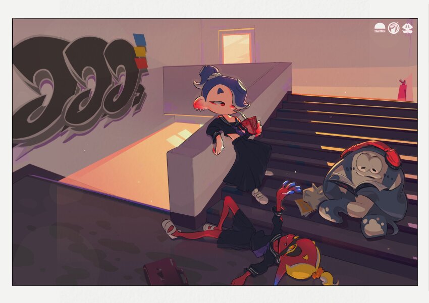 1boy 2girls aged_down bag big_man_(splatoon) big_man_(young)_(splatoon) black_serafuku blonde_hair blue_hair fire_extinguisher frye_(splatoon) frye_(young)_(splatoon) graffiti headphones highres indoors inkling juice_box manta_ray multiple_girls nintendo octoling official_art ponytail reading school_bag school_uniform serafuku shiver_(splatoon) shiver_(young)_(splatoon) shoes sitting sitting_on_stairs splatoon_(series) splatoon_3 stairs tentacle_hair uwabaki