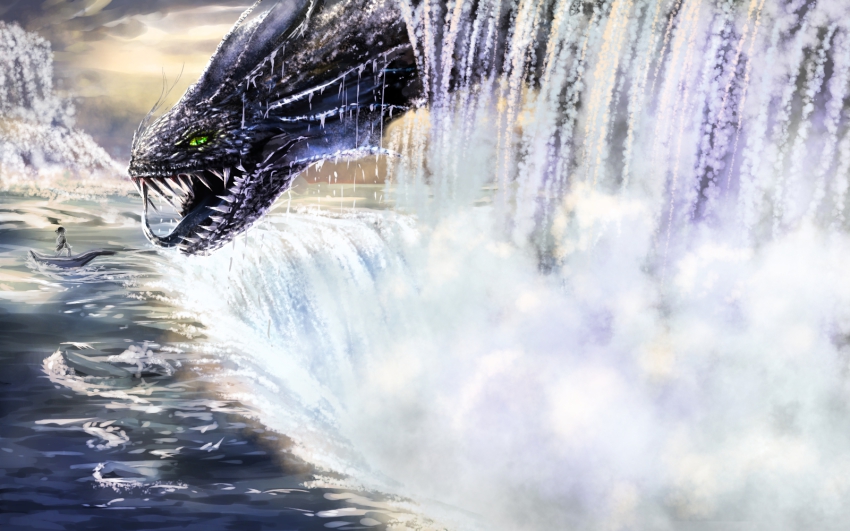 boat fantasy highres monster open_mouth original serpent sharp_teeth slit_pupils smile_(pixiv9790122) smile_(qd4nsvik) teeth tongue tongue_out water waterfall