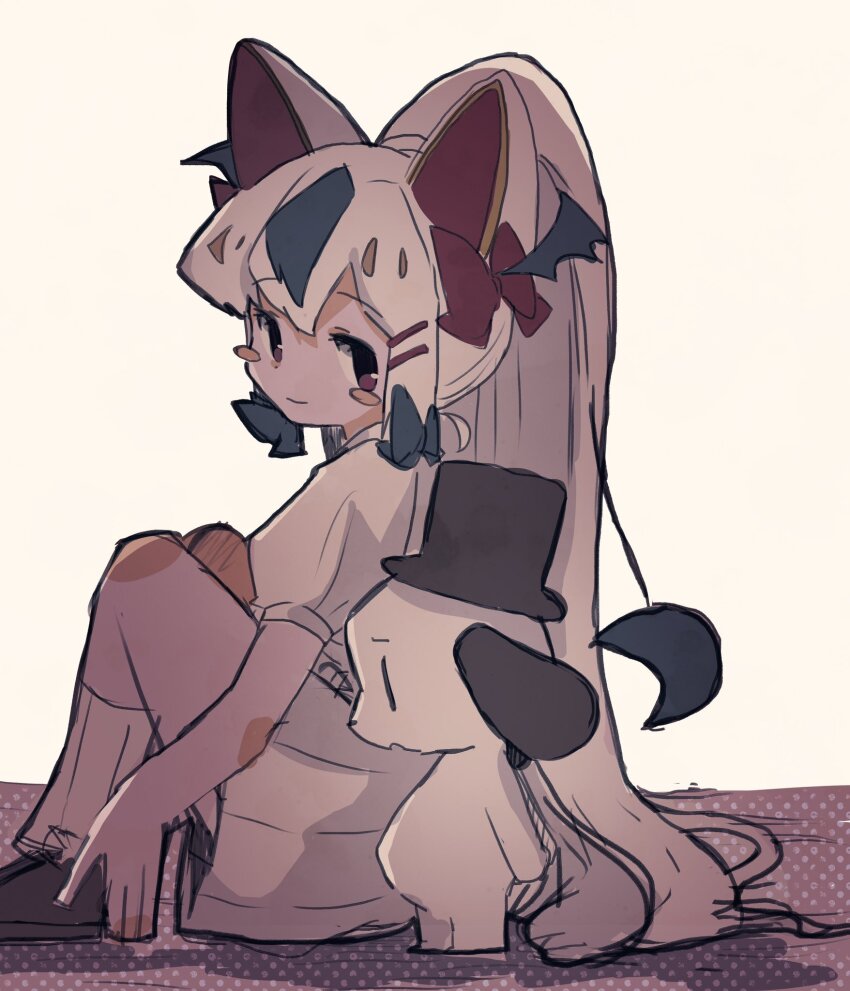 1boy 1girl animal_ears blue_ribbon blush_stickers bow brown_footwear dog dress hat head_wings highres long_hair ponytail red_eyes ribbon simple_background sitting smile socks top_hat towelket_wo_mou_ichido uikechuke_nattsuri_kokonattsui_kanparakanparaparaparapi wanko_(towelket) white_dress white_hair white_socks wings yorumorukimiri yukikaze2828