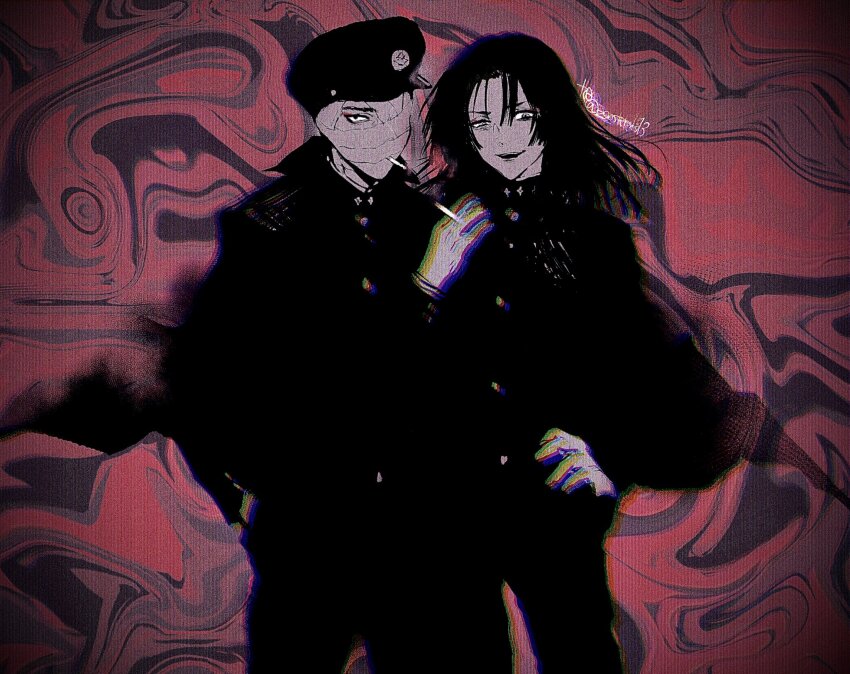 2boys abstract_background bandaged_head bandages black_cape black_hair black_jacket black_pants cape chromatic_aberration cigarette commentary_request covered_face cowboy_shot distortion gakuran geminism hand_in_pocket hand_on_own_hip hand_up highres holding holding_cigarette jacket long_hair long_sleeves looking_at_viewer male_focus mouth_hold multiple_boys one_eye_covered open_mouth pants red_background school_uniform smirk smoking standing tsukishiro_tsukishiro uneven_eyes yamaga_awasumi zonsters