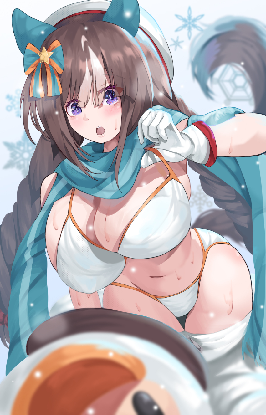 1girl absurdres alternate_costume animal_ears bikini blue_scarf blush bonkareohagi braid breasts brown_hair cleavage commentary_request cowboy_shot ear_covers gloves highres hokko_tarumae_(umamusume) horse_ears horse_girl horse_tail large_breasts long_hair looking_at_viewer low_twin_braids multicolored_hair open_mouth purple_eyes scarf solo strap_pull streaked_hair sweat swimsuit tail teeth thighhighs tomachop twin_braids umamusume upper_teeth_only very_long_hair white_bikini white_gloves white_headwear white_thighhighs