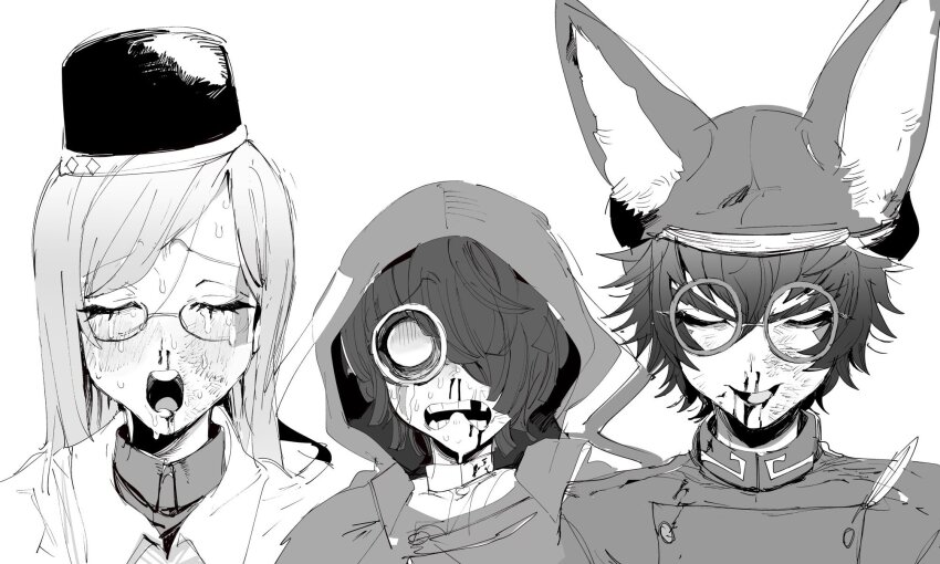 1girl 2boys animal_ear_fluff animal_ears bleeding blood bruise newsboy_cap closed_eyes collared_shirt commentary_request facing_viewer feathers furrowed_brow glasses greyscale hair_between_eyes hair_over_one_eye hat highres hood hood_up in_pain injury long_hair martina_electro master_detective_archives:_rain_code messy_hair monochrome multiple_boys na_6 no_pupils nosebleed seth_burroughs shirt short_hair smile sweat tooth_gap upper_body white_eyes wide-eyed zilch_alexander