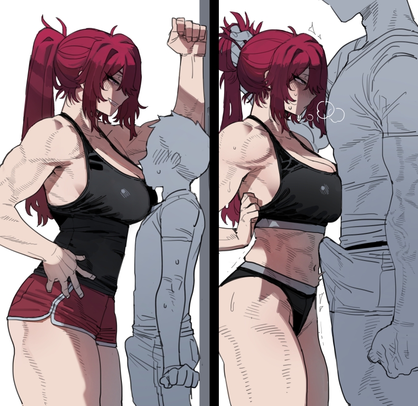 1girl 2boys absurdres against_wall biceps black_panties black_sports_bra breasts bulge comparison erection erection_under_clothes grabbing_another&#039;s_hair hand_on_wall height height_difference hetero highres kabedon large_breasts looking_at_another multiple_boys muscular muscular_female panties penis_size_difference ratatatat74 red_hair size_difference sports_bra tall_female underwear