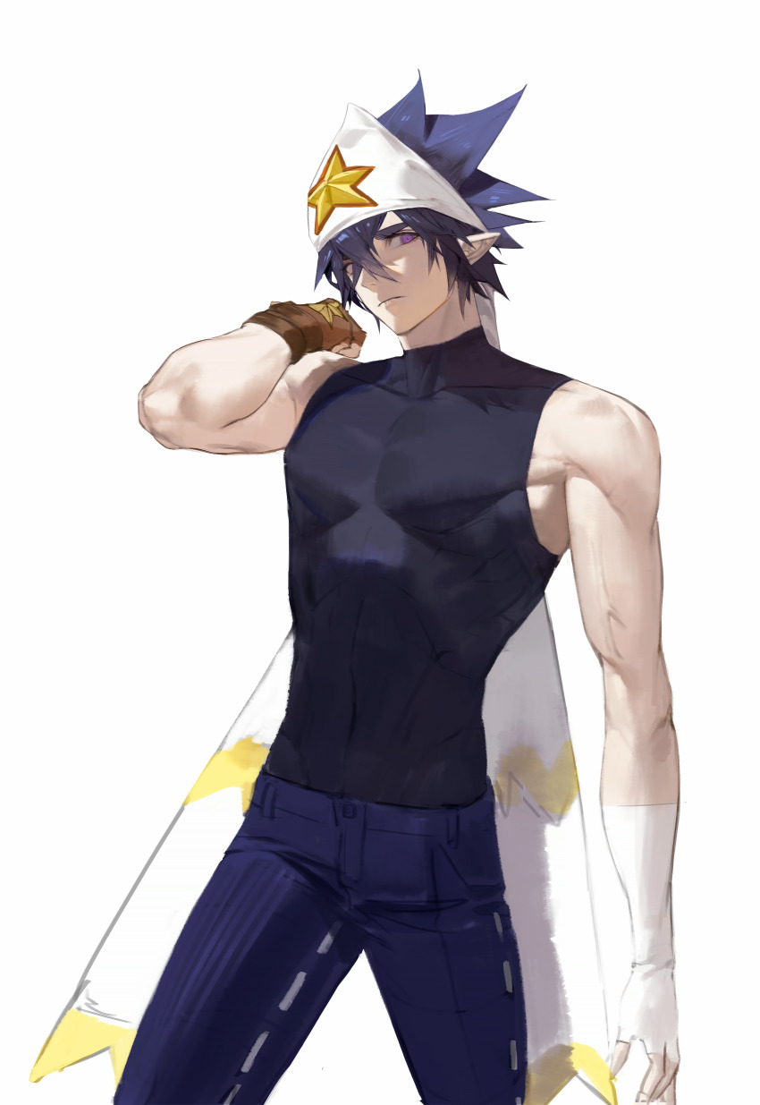 1boy absurdres aotu_world asymmetrical_gloves bandana bare_arms bare_shoulders black_hair black_shirt blue_pants brown_gloves closed_mouth covered_abs covered_collarbone covered_navel cowboy_shot denim fingerless_gloves gloves hair_between_eyes hand_up headband highres looking_at_viewer male_focus muscular muscular_male pants parted_lips pectorals pointy_ears purple_eyes ray_(aotu_world) shirt short_hair simple_background skin_tight sleeveless sleeveless_shirt sleeveless_turtleneck solo spiked_hair standing star_(symbol) star_print toned toned_male turtleneck waterrice11 white_background white_gloves white_headband