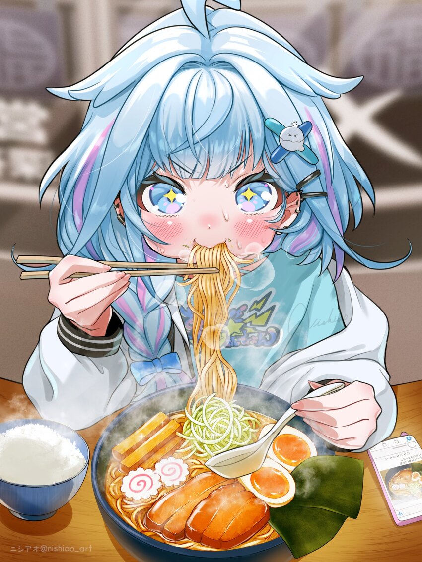 +_+ 1girl ahoge artist_name blue_eyes blue_hair blue_shirt blush bowl braid cellphone chopsticks eating egg food highres holding holding_chopsticks hololive hololive_dev_is jacket long_hair mizumiya_su nishi_ao noodles phone ramen rice_bowl shirt smartphone spoon virtual_youtuber white_jacket