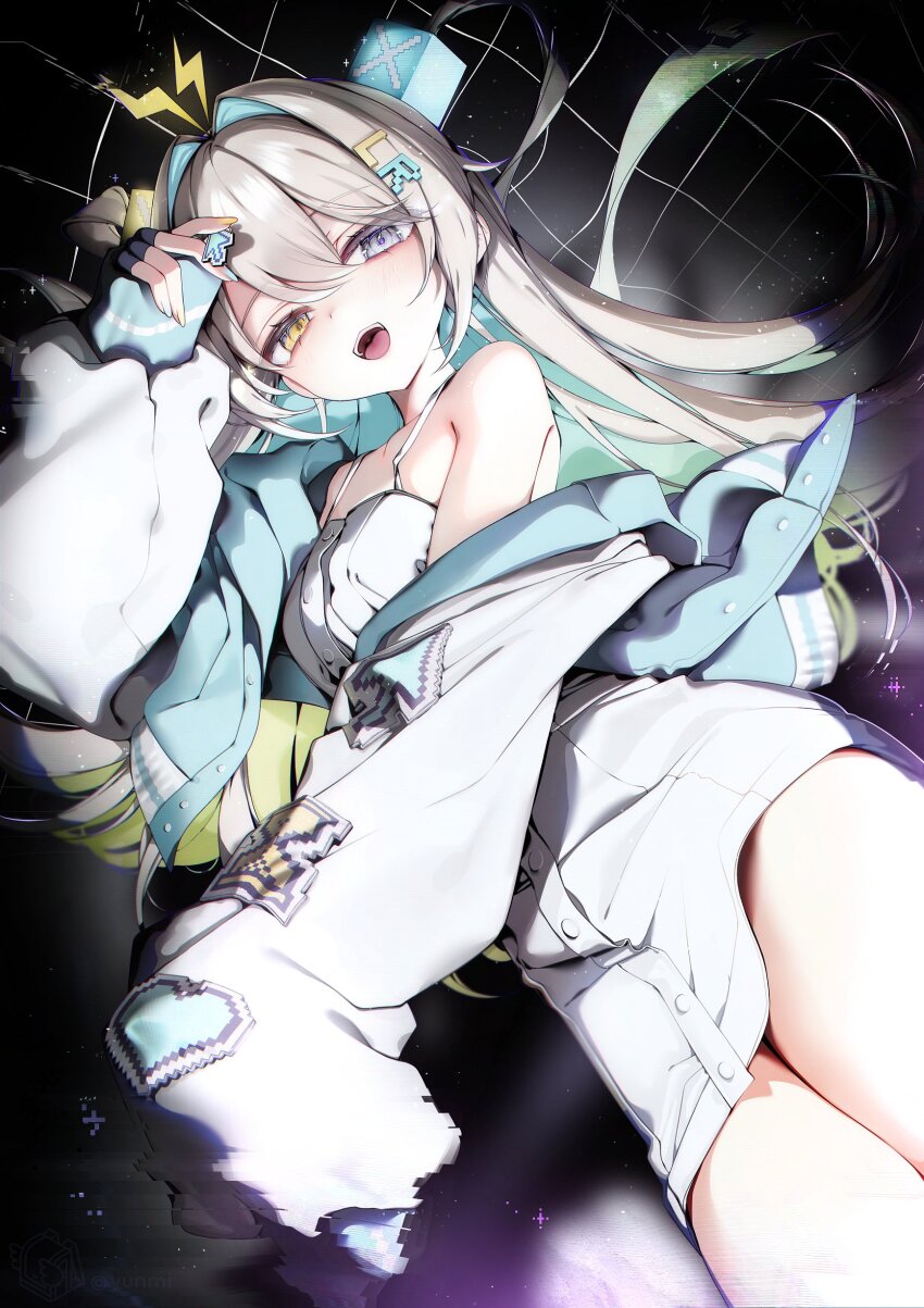 1girl absurdres antenna_hair aqua_hair black_background breasts brown_hair colored_inner_hair commentary cursor dress feet_out_of_frame grey_eyes hand_up heterochromia highres holding jacket leur_(voisona) light_particles lightning_ahoge long_hair looking_at_viewer lying medium_breasts multicolored_hair on_side open_clothes open_jacket short_dress single_bare_shoulder single_off_shoulder single_sleeve_past_fingers sleeveless sleeveless_dress smile solo spaghetti_strap two_side_up voisona white_dress white_jacket yellow_eyes yunmi_0527