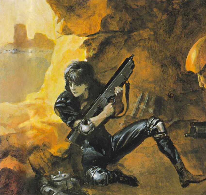 1girl absurdres assault_rifle black_hair bullpup cleaned detexted elbow_pads gun highres holding holding_gun holding_weapon jacket knee_pads official_art on_ground resized rifle sleeves_rolled_up solo suemi_jun taking_cover the_hybrid_front third-party_edit upscaled weapon