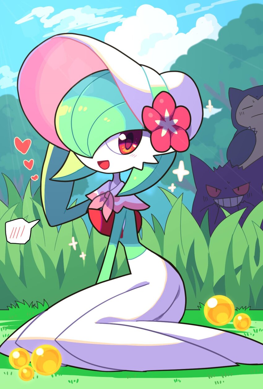 blue_sky cloud colored_skin dress flower gardevoir gardevoir_(fashionable) gen_1_pokemon gen_3_pokemon gengar grass green_hair hair_over_one_eye hand_on_headwear hat hat_flower heart highres looking_at_viewer multicolored_skin nintendo on_floor open_mouth pink_eyes pokemon pokemon_(creature) pokemon_unite sitting sky smile snorlax tanpopo_hayabusa-maru two-tone_skin white_dress white_headwear
