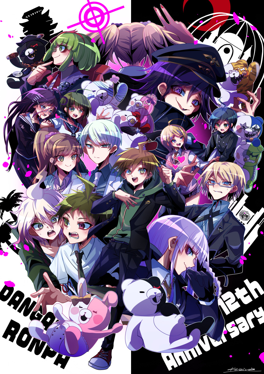 6+boys 6+girls :d :o absurdres ahoge akamatsu_kaede anniversary arm_up bandages black_background black_headwear black_jacket black_sailor_collar blonde_hair bow braid breasts brown_hair brown_necktie clenched_teeth collared_shirt danganronpa:_trigger_happy_havoc danganronpa_(series) danganronpa_2:_goodbye_despair danganronpa_3_(anime) danganronpa_another_episode:_ultra_despair_girls danganronpa_v3:_killing_harmony diaper ear_bow enoshima_junko fortissimo from_behind from_side fukawa_toko glasses green_hair green_jacket green_necktie grey_necktie grey_sailor_collar hair_between_eyes hair_ornament hairclip hand_up hat heart highres hinata_hajime jacket kirigiri_kyoko komaeda_nagito kujira_pyon_ka kurokuma_(danganronpa) large_breasts monodam monokid monokuma monomi_(danganronpa) monophanie monosuke monotaro_(danganronpa) multiple_boys multiple_girls musical_note musical_note_hair_ornament naegi_komaru naegi_makoto neck_ribbon necktie oma_kokichi open_clothes open_jacket open_mouth peaked_cap pink_hair pink_vest ponytail purple_eyes purple_hair red_ribbon ribbon saihara_shuichi sailor_collar shirokuma_(danganronpa) shirt short_hair short_sleeves side_braid smile striped_clothes striped_jacket teeth togami_byakuya towa_monaca twintails upper_teeth_only v vest white_background white_hair white_jacket white_shirt