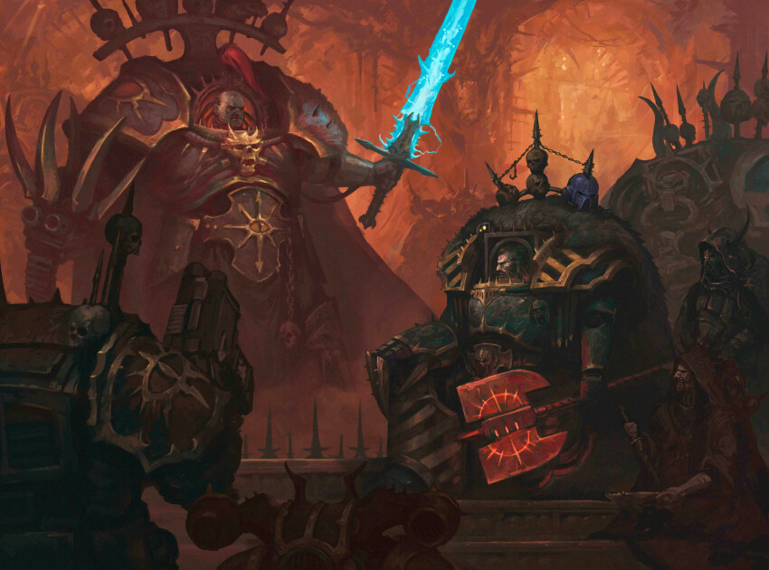 6+boys abbadon_the_dispoiler absurdres adeptus_astartes armor axe bolter chain chaos_(warhammer) clawed_gauntlets energy energy_sword full_body gauntlets glowing glowing_sword glowing_weapon gold_trim hair_tubes headpiece helm helmet heresy high_ponytail highres holding holding_axe holding_weapon horns iron_warriors kheljay kneeling lightning long_hair multiple_boys on_one_knee ornate_armor pauldrons pelt ponytail power_armor red_hair shoulder_armor skull spikes storm_bolter sword terminator_armor tube warhammer_40k weapon