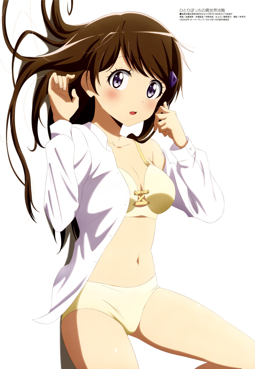1girl absurdres bra brown_hair dress_shirt grey_eyes hair_ornament hair_spread_out highres hitoribocchi_no_isekai_kouryaku kase_haruna looking_at_viewer lying magazine_scan megami_magazine official_art open_clothes open_shirt panties parted_lips scan shirt simple_background solo tsuyuri_touka underwear white_background white_shirt yellow_bra yellow_panties