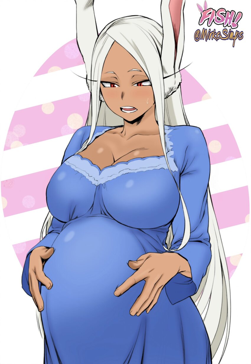 1girl alternate_costume animal_ears artist_collaboration boku_no_hero_academia breasts cleavage collarbone colorized commentary dark-skinned_female dark_skin diagonal-striped_background easter egg_background english_commentary hands_on_own_stomach highres large_breasts long_eyelashes long_hair looking_down mirko mirkosimps open_mouth parallaxfused parted_bangs pregnant rabbit_ears rabbit_girl raised_eyebrows red_eyes solo striped_background sweatdrop very_long_hair white_hair