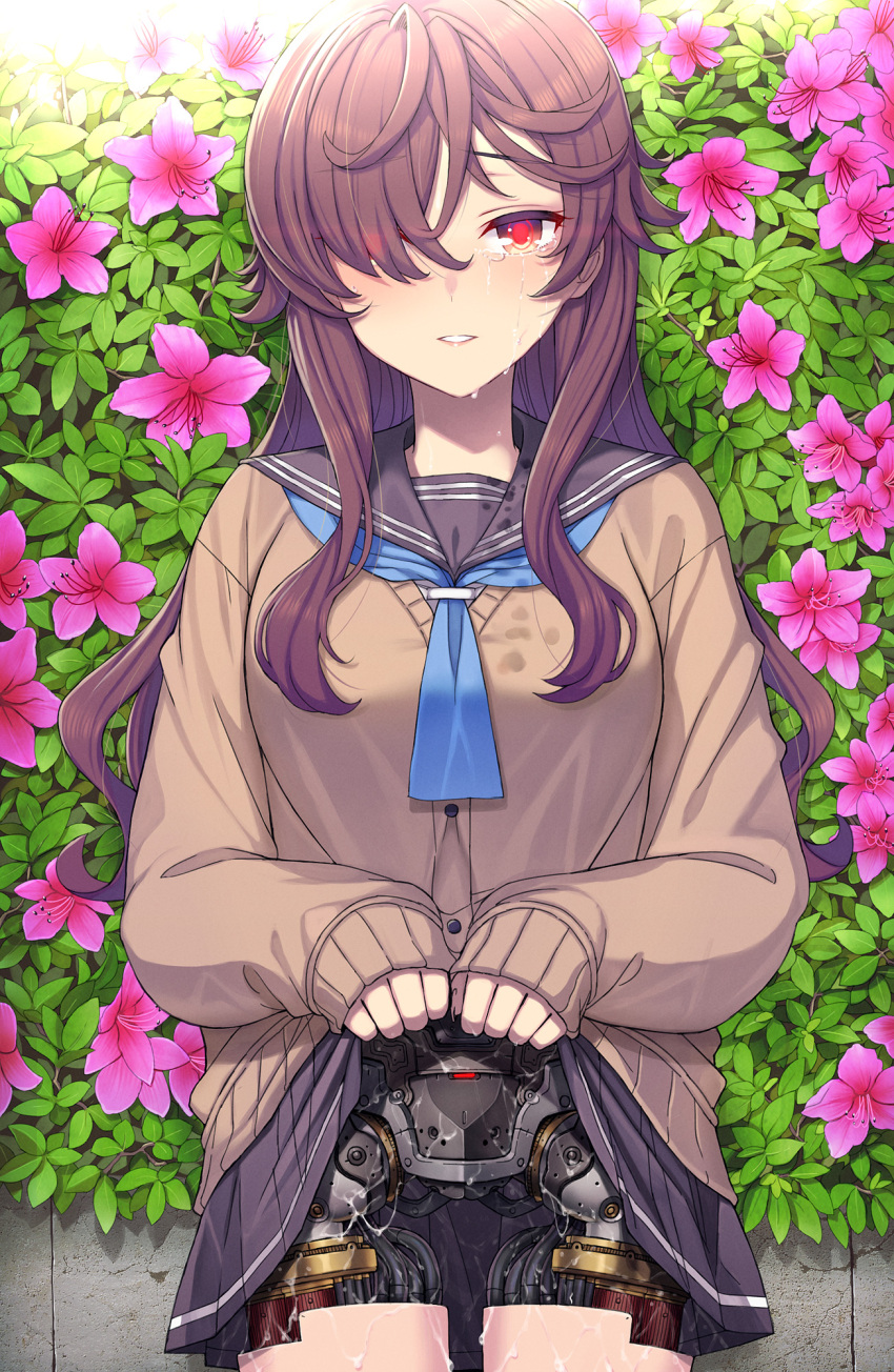 1girl android_girl_(itou) black_sailor_collar black_skirt blue_neckerchief brown_cardigan brown_hair cardigan closed_mouth commentary crying flashing flower glowing glowing_eyes hair_over_one_eye highres itou_(onsoku_tassha) long_hair looking_at_viewer mechabare neckerchief original own_hands_together pink_flower pleated_skirt red_eyes sailor_collar school_uniform skirt solo straight-on symbol-only_commentary vegetation