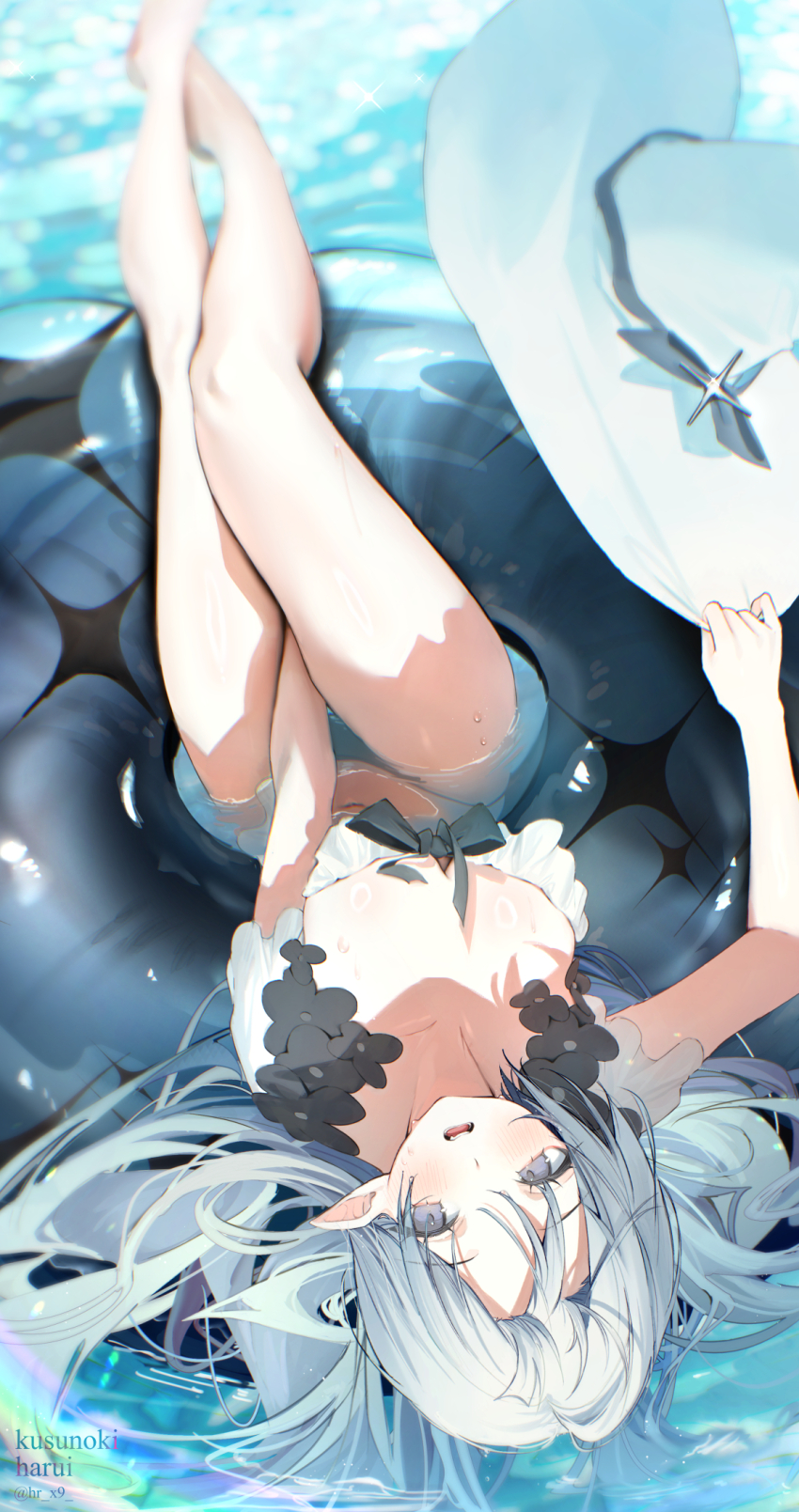 1girl bare_legs commission floating grey_eyes harui_(hr_x9_) hat innertube legs lying original pointy_ears skeb_commission solo swim_ring swimsuit unworn_hat unworn_headwear
