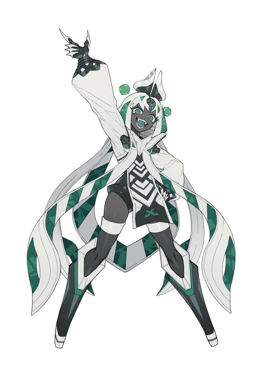 1girl armor colored_tongue copyright_request dark-skinned_female dark_skin evil_smile fingernails full_body green_hair green_tongue hair_weapon highres jacket legs long_hair multicolored_hair open_mouth pointing pointing_up santou_suihei sharp_fingernails smile two-tone_hair white_hair