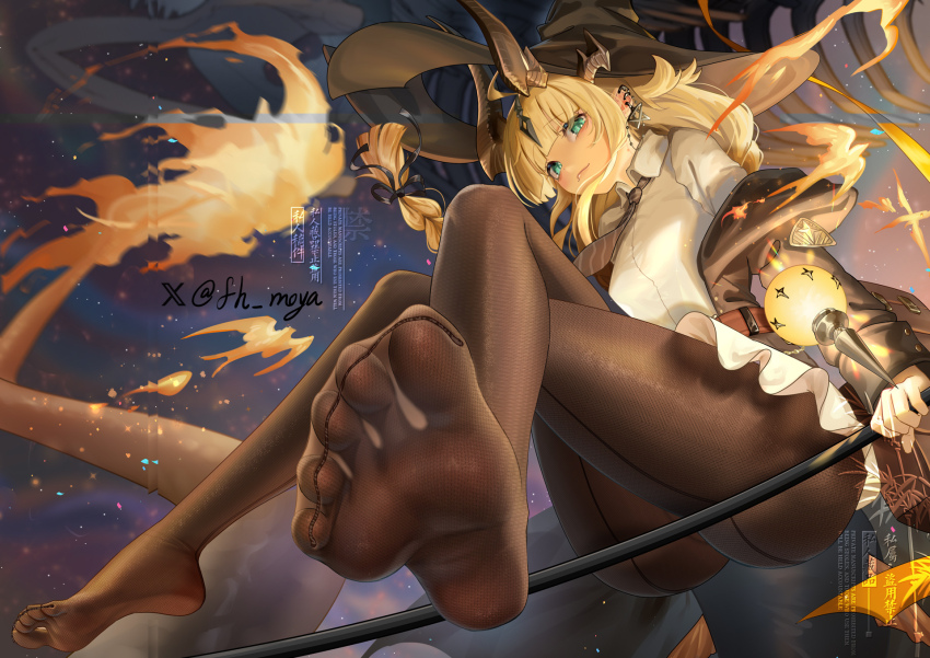 1girl arknights blonde_hair collared_shirt commission crossed_legs dragon_horns dragon_tail ear_piercing feet fh_moya foot_focus from_below green_eyes highres horns necktie no_shoes pantyhose piercing reed_(arknights) shirt signature sitting solo tail