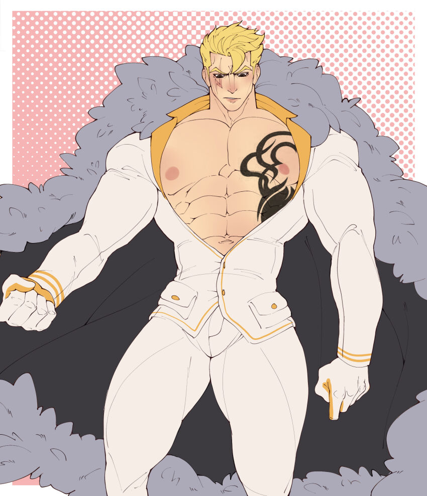 1boy abs absurdres alternate_costume black_eyes blonde_hair bodysuit cape fairy_tail formal_clothes highres laxus_dreyar male_focus mature_male muscular muscular_arms muscular_legs muscular_male pectorals scar solo suit tattoo
