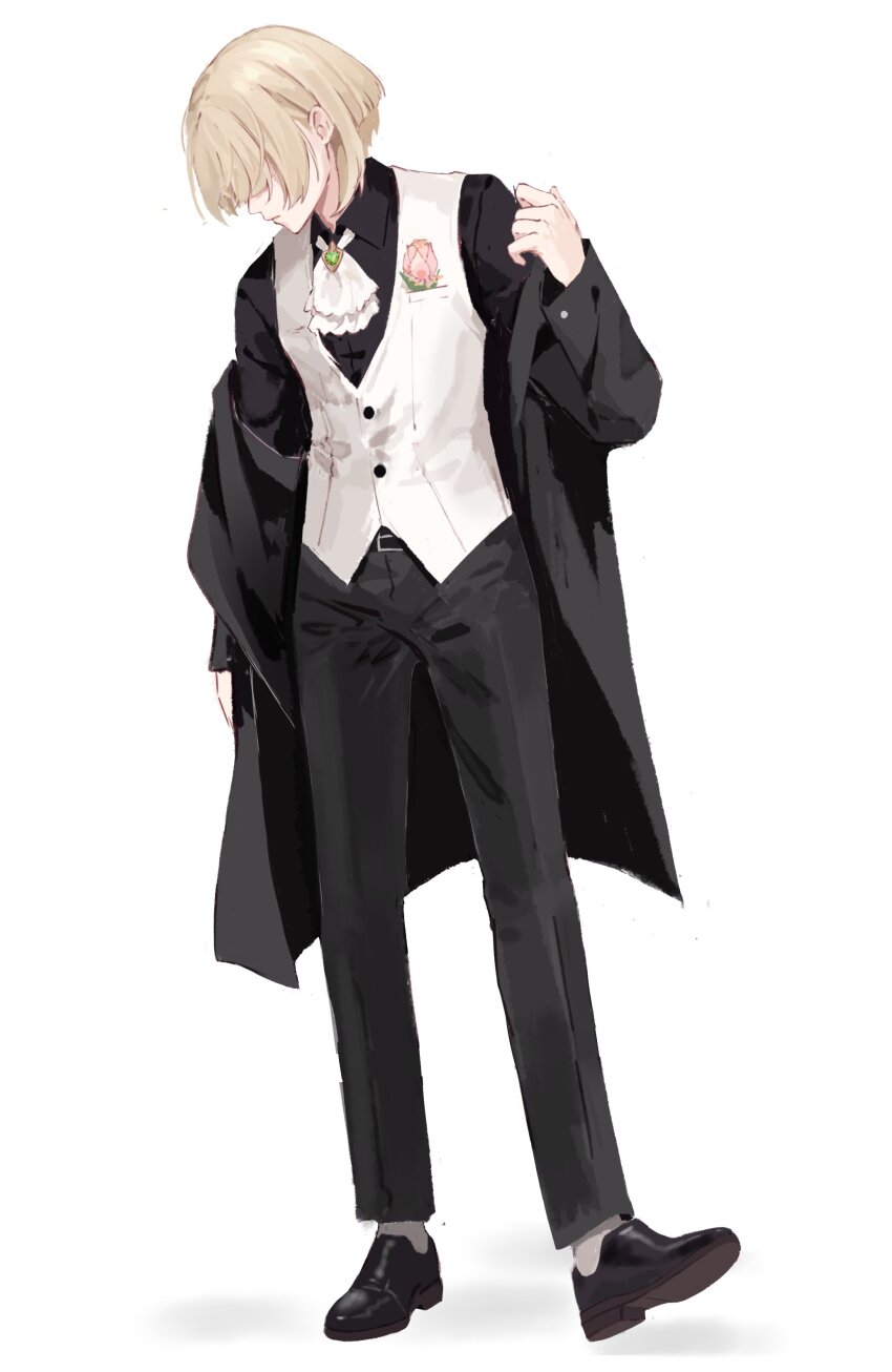 1boy absurdres ascot black_jacket blonde_hair closed_mouth dress_pants dress_shoes dress_vest formal_clothes freminet_(genshin_impact) genshin_impact hair_over_eyes highres jacket male_focus pers_thepenguin short_hair simple_background solo vest white_background white_vest
